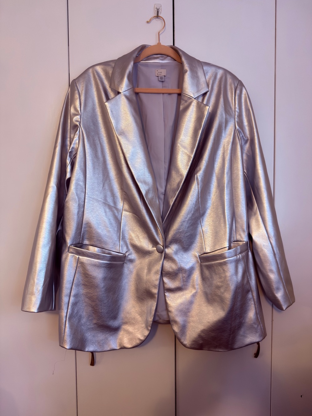 Metallic Silver Faux Leather Blazer Jacket
